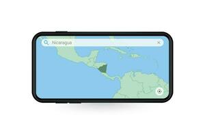 Searching map of Nicaragua in Smartphone map application. Map of Nicaragua in Cell Phone. vector