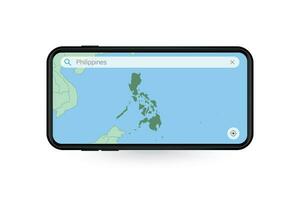 buscando mapa de Filipinas en teléfono inteligente mapa solicitud. mapa de Filipinas en célula teléfono. vector