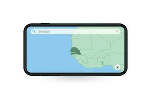 buscando mapa de Senegal en teléfono inteligente mapa solicitud. mapa de Senegal en célula teléfono. vector