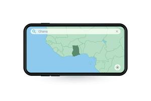 buscando mapa de Ghana en teléfono inteligente mapa solicitud. mapa de Ghana en célula teléfono. vector