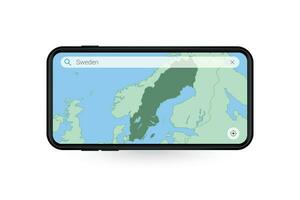 buscando mapa de Suecia en teléfono inteligente mapa solicitud. mapa de Suecia en célula teléfono. vector