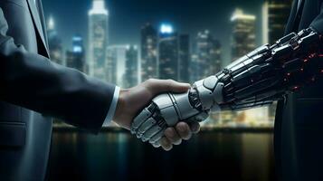 Robot and businessman in handshake. Concept of human robot relationships. photo