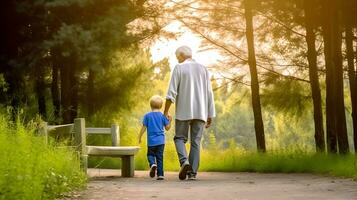 abuelo caminando con nieto a puesta de sol. concepto de abuelo día, abuelos día. foto