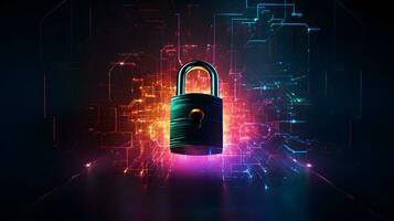Lock on circuit pattern. Concept of data security and cybersecurity photo
