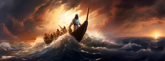 Jesus Christ on the boat calms the storm at sea. photo