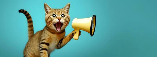 Cat announcing using hand speaker. Notifying, warning, announcement photo