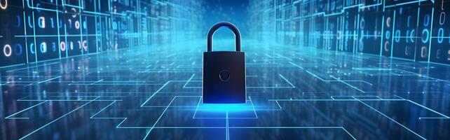 Lock on circuit pattern. Concept of data security and cybersecurity photo