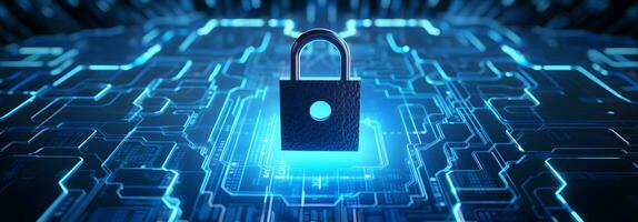 Lock on circuit pattern. Concept of data security and cybersecurity photo