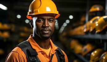 Afro american industrial worker. Concept of safety measures, skilled labour and workforce. photo