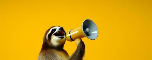 Sloth announcing using hand speaker. Notifying, warning, announcement photo