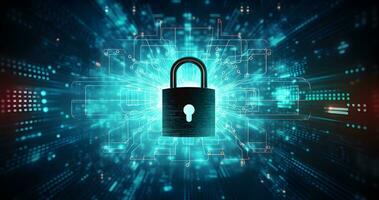 Lock on circuit pattern. Concept of data security and cybersecurity photo