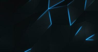 Dark futuristic low poly surface background with the gentle motion of black polygonal triangle shapes and glowing blue neon light. 4K and looping technology motion background animation. video