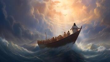 Jesus Christ on the boat calms the storm at sea. photo