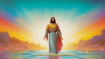 Jesus Christ walking on water at the sea. with colors of rainbow. photo