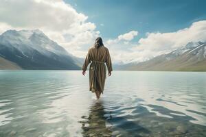 Back view of Jesus Christ walking on water photo