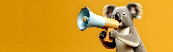 Koala bear announcing using hand speaker. Notifying, warning, announcement photo