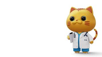 Cute doctor cat, 3d cartoon cat character, 3d rendering video