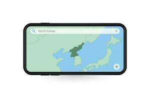 buscando mapa de norte Corea en teléfono inteligente mapa solicitud. mapa de norte Corea en célula teléfono. vector