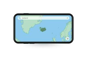 Searching map of Iceland in Smartphone map application. Map of Iceland in Cell Phone. vector