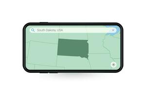 Searching map of South Dakota in Smartphone map application. Map of South Dakota in Cell Phone. vector