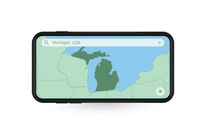 buscando mapa de Michigan en teléfono inteligente mapa solicitud. mapa de Michigan en célula teléfono. vector