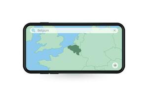 buscando mapa de Bélgica en teléfono inteligente mapa solicitud. mapa de Bélgica en célula teléfono. vector