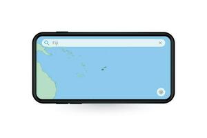 buscando mapa de Fiji en teléfono inteligente mapa solicitud. mapa de Fiji en célula teléfono. vector