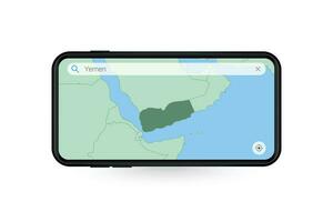 buscando mapa de Yemen en teléfono inteligente mapa solicitud. mapa de Yemen en célula teléfono. vector