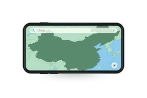 Searching map of China in Smartphone map application. Map of China in Cell Phone. vector