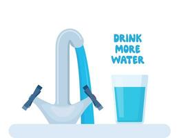 Glass of water and water flows from the tap. Water splash. Drink more water. Vector illustration.
