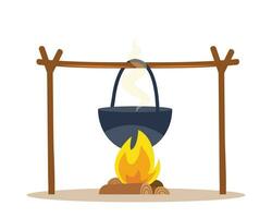 Pot over the campfire. Camping, outdoor cooking. Vector illustration.