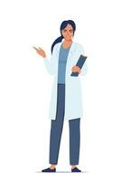 Doctor in medical uniform pointing and showing something with hand. Medicine worker woman explaining and presenting something. Vector flat illustration.