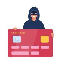 hombre delincuente en máscara participación crédito tarjeta cometiendo delito. computadora fraude o en línea datos ladrón. vector ilustración.