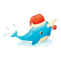 Vector isolated Christmas illustration of cartoon baby narwhal wearing Santa Claus hat, with glass Christmas ball.