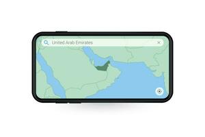 Searching map of United Arab Emirates in Smartphone map application. Map of United Arab Emirates in Cell Phone. vector