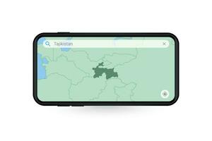 Searching map of Tajikistan in Smartphone map application. Map of Tajikistan in Cell Phone. vector