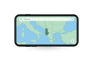 buscando mapa de Albania en teléfono inteligente mapa solicitud. mapa de Albania en célula teléfono. vector