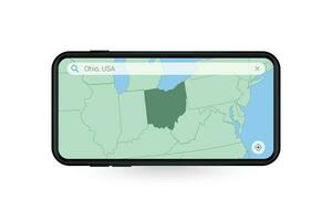 buscando mapa de Ohio en teléfono inteligente mapa solicitud. mapa de Ohio en célula teléfono. vector