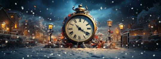 Christmas magic background with alarm clock photo