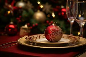 Christmas dinner table decoration photo