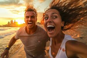 Happy couple at the beach photo