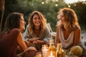 Young friends celebrating at the party on a roof top photo