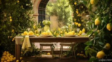 Table settings with lemons and greenery in the outdoor dining area photo