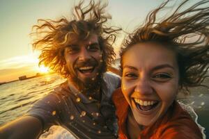 Happy couple at the beach photo