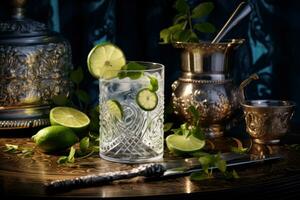 Gin and tonic on a wooden table on the dark side photo