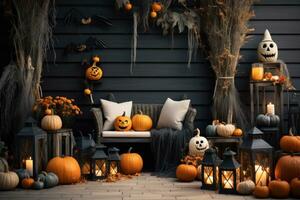 Halloween decorations on the porch with pumpkins photo