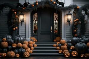 Halloween decorations on the porch with pumpkins photo