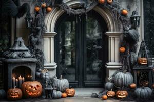 Halloween decorations on the porch with pumpkins photo