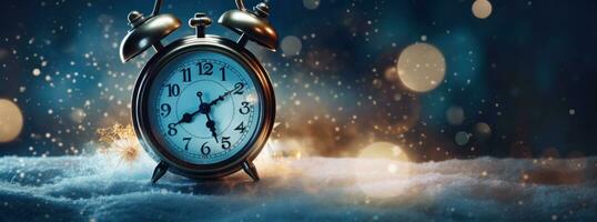 Christmas magic background with alarm clock photo