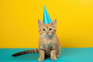 Cute Birthday cat on vivid background photo